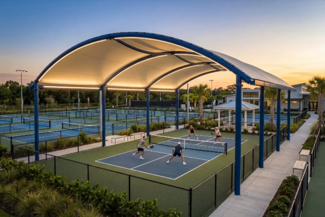 Pickleball courts with illuminated Tensara canopy at sunset